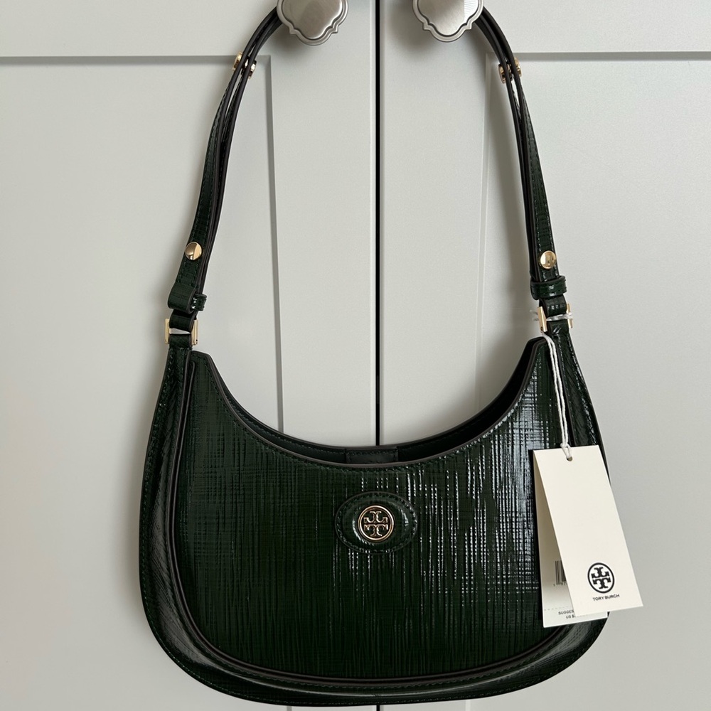 Tory Burch Evergreen Robinson Embossed Leather Crescent Bag NWT